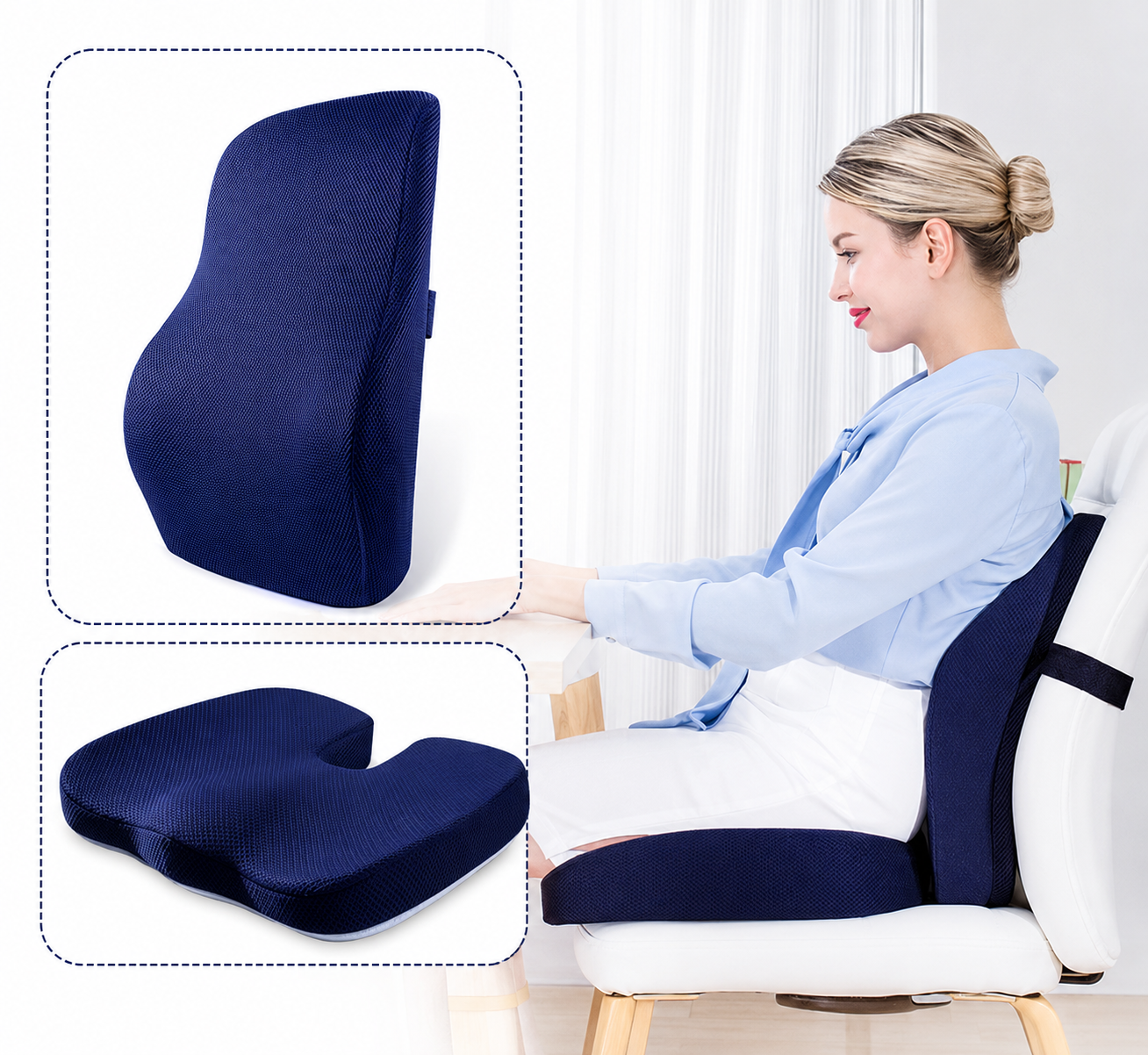 Dúo Cojín y Respaldar Ergonómico para Silla, Alivio Instantáneo del Dolor y Mejora de la Postura