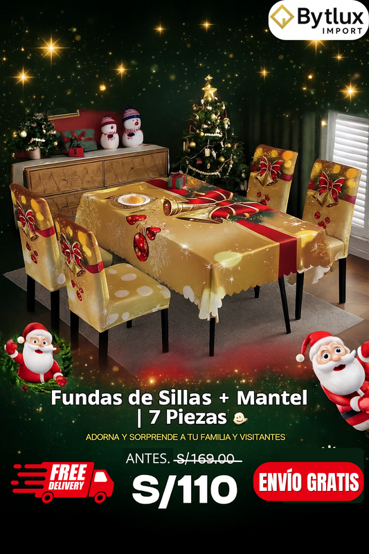 SET DE 6 FUNDAS DE SILLA  + 1 MANTEL NAVIDEÑO